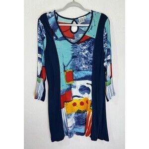 Parsley & Sage Abstract Sea Tunic Top Womens Large Blue Keyhole Back Long Sleeve